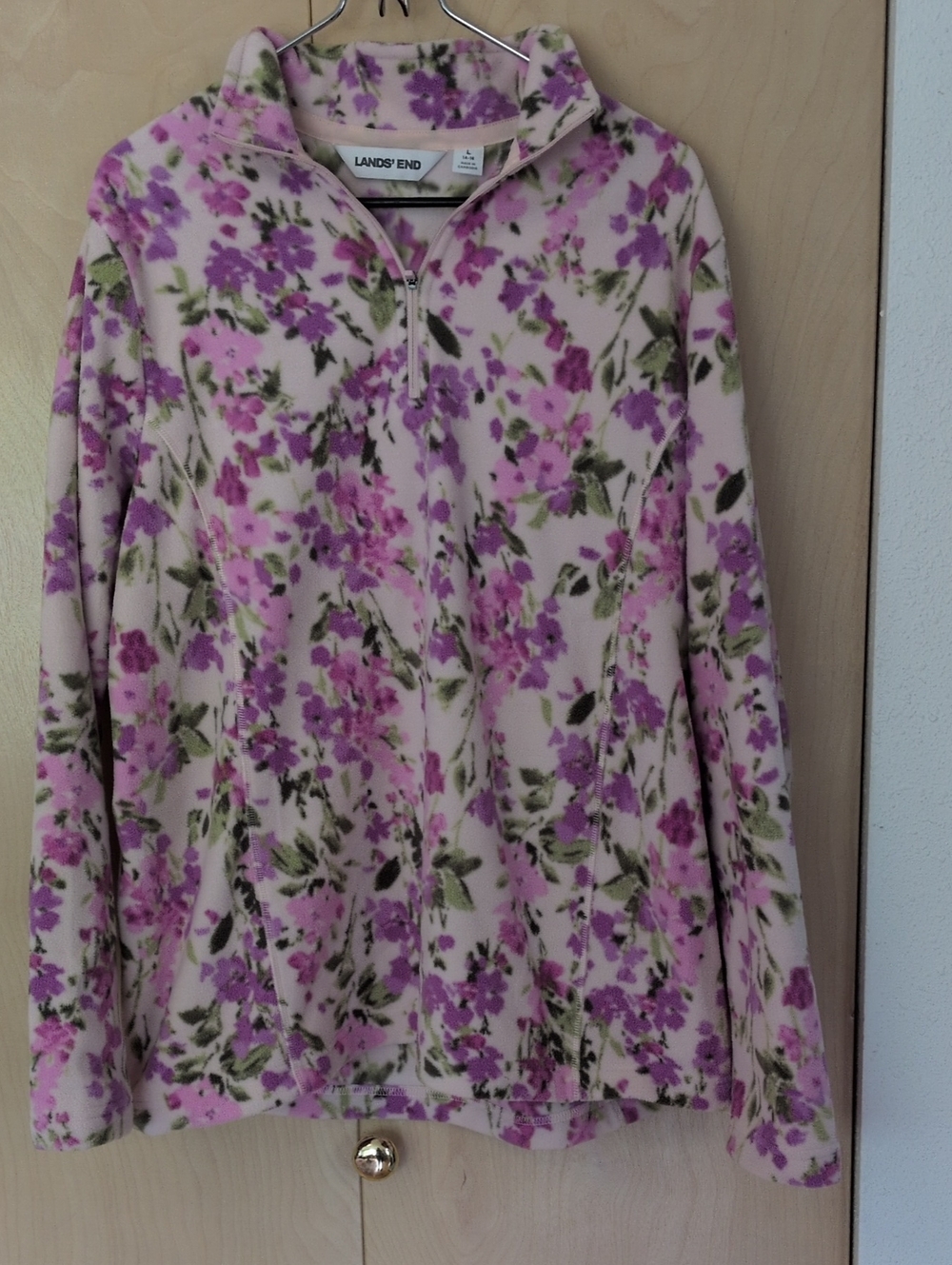 Lands' End Cream and Pink Floral Half-Zip Fleece Pullover L